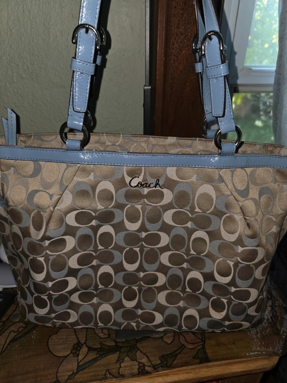 Coach 2011 Signature Tote Or Shoulder Bag in Beige with Light Blue Trim